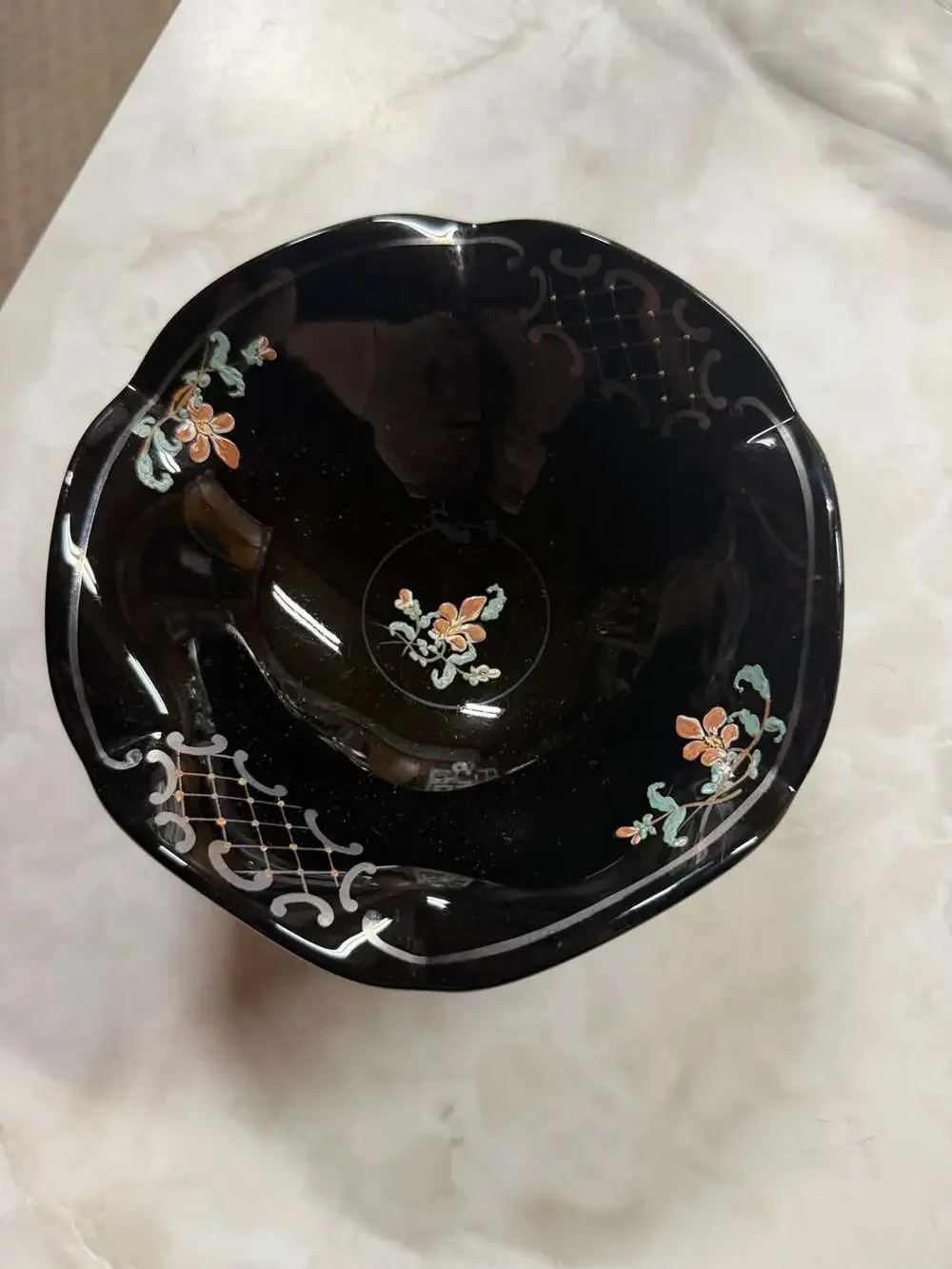Vintage Japanese Black Porcelain Scalloped Footed Bowl with Hand-Painted Floral